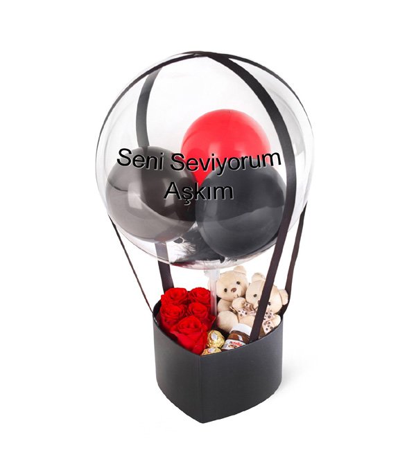 Kutuda Gül Çikolata Ayıcık ve Balonlar
