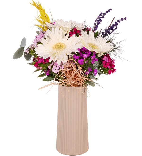 Bej Vazoda Gerbera ve Hüsnüyusuflar