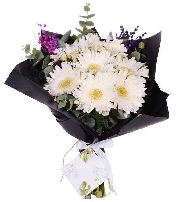 Siyah Bukette Beyaz Gerbera Buketi