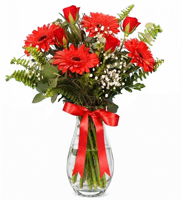 Vazoda Kırmızı Gerbera ve Güller
