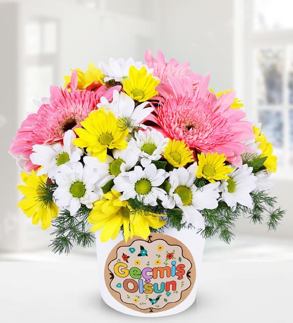 Geçmiş Olsun Vazolu Gerbera Papatya Aranjmanı