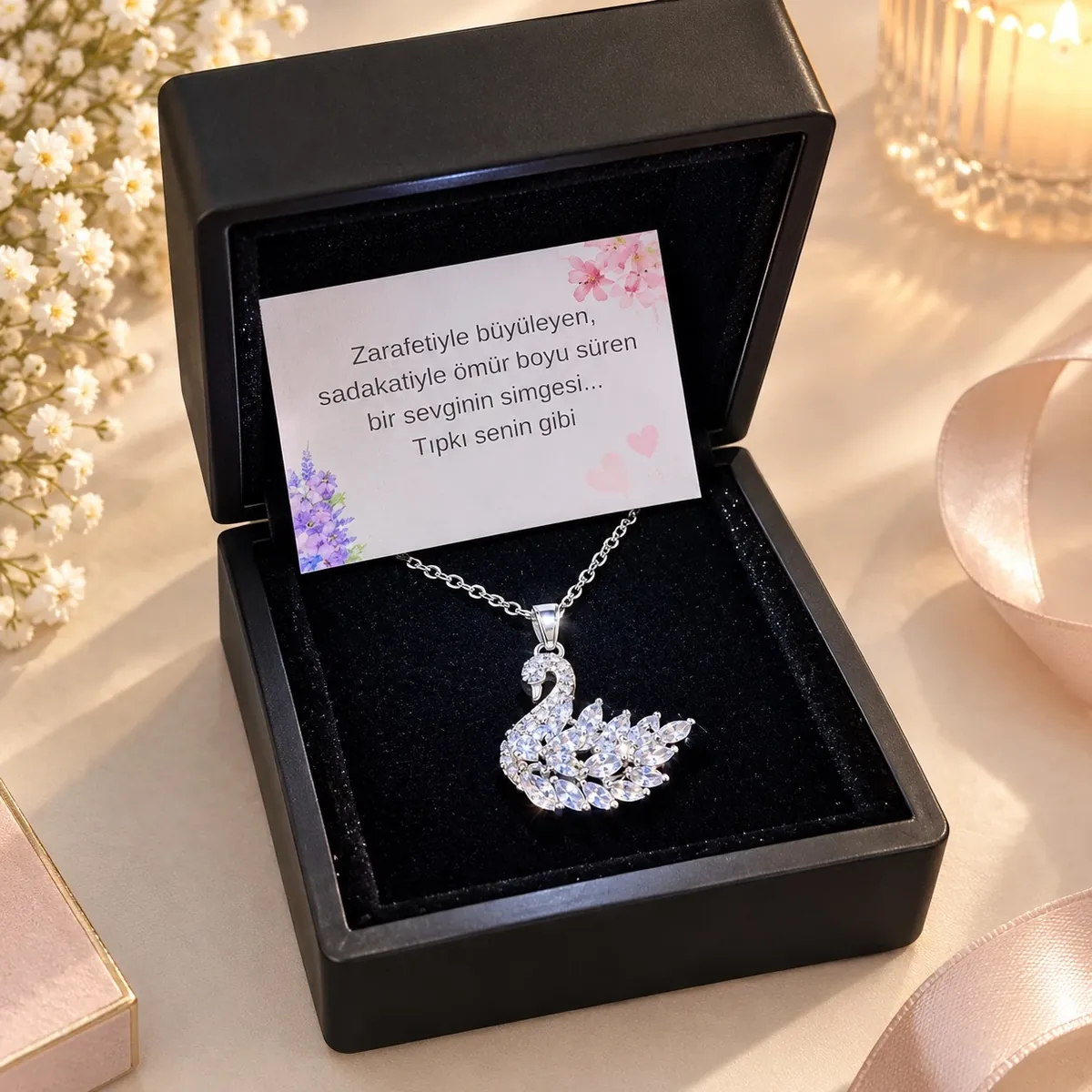 Işıklı Kutuda Swarovski Beyaz Kuğu Kolye